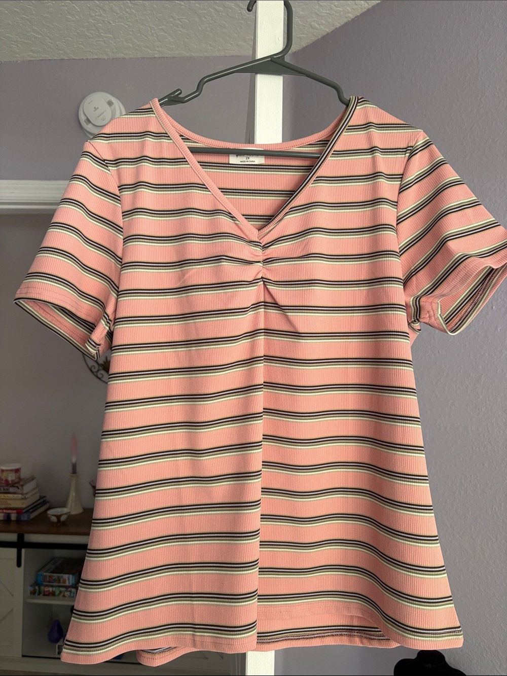 Free Kisses Pink Striped V-Neck Short Sleeve Tee